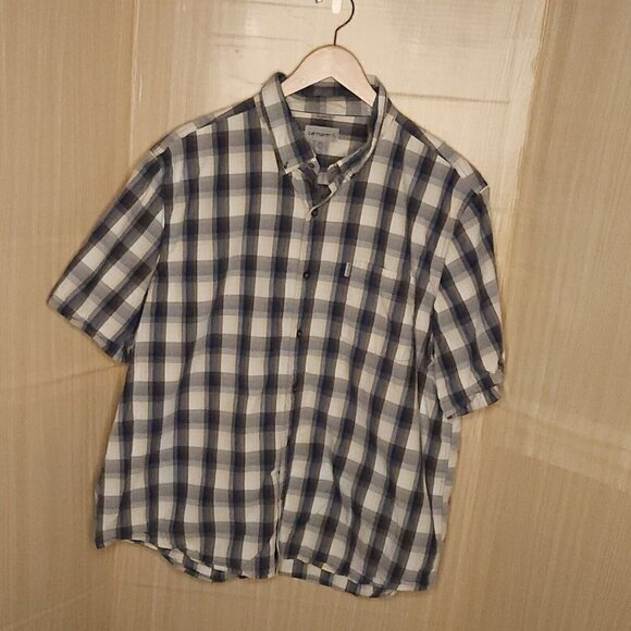 Carhartt Mens Relaxed Fit Blue Cream Short Sleeve Button Down 2XL - Picture 1 of 6